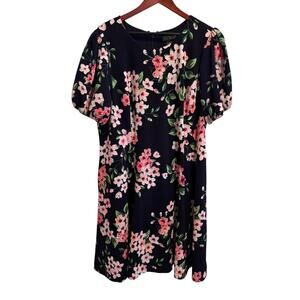 Jessica Howard Navy Blue Pink Floral Fit & Flare Puff Sleeve Dress Size 20W